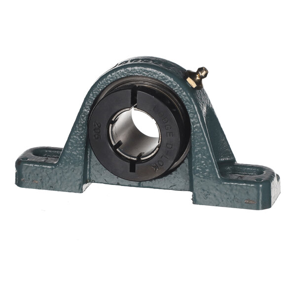 A metal mounted bearing housing with a central cylindrical opening and two flat mounting bases on either side.