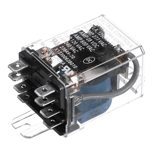 A clear plastic-encased electrical relay with multiple metal terminals and visible internal coil and wiring.