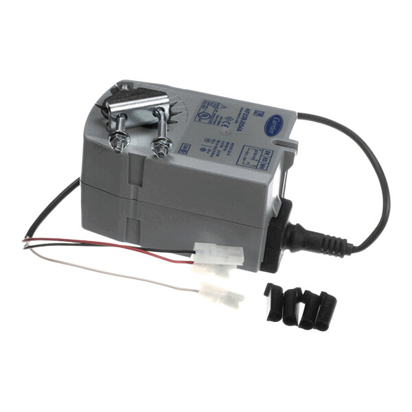 A gray electrical actuator device with attached wires, a mounting bracket with screws, and several small black plastic components.