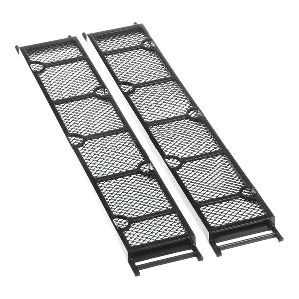 Two rectangular black mesh panels with a grid pattern and solid frames, likely filter components.