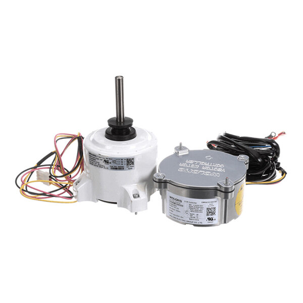 Two electric motor components with attached wiring are shown, one with a vertical shaft and the other with a metal casing and labels.