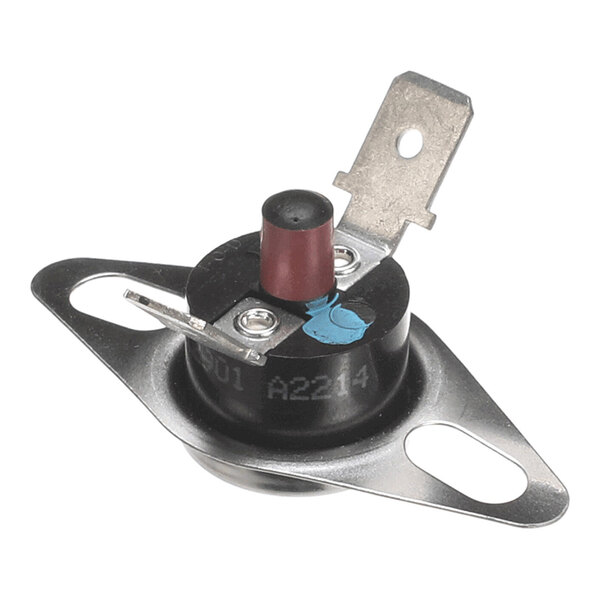 A small round electronic component with two metal mounting tabs, two electrical terminals, and a red push button on top.