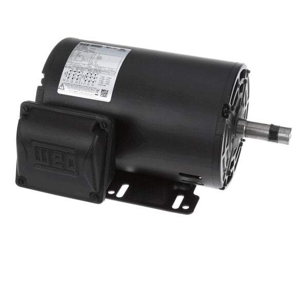 A black cylindrical electric motor with a mounting base, a protruding shaft, and a labeled information plate.