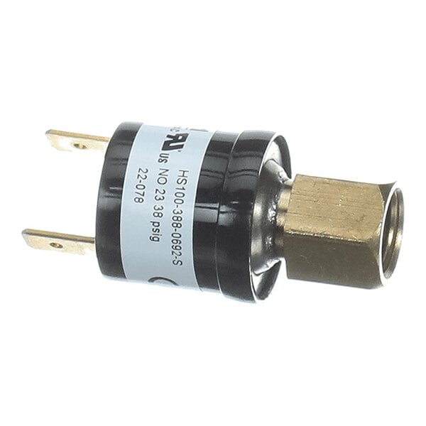 A small cylindrical pressure control switch with two metal prongs and a brass hexagonal fitting.