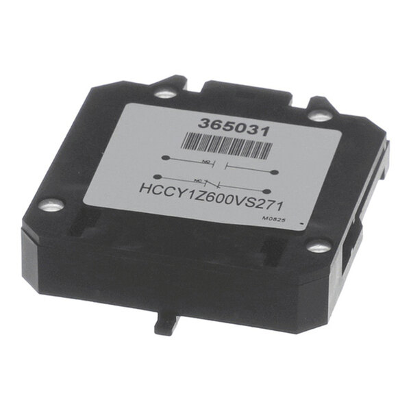 A black rectangular electronic component with a white label displaying a barcode, numbers, and alphanumeric codes.