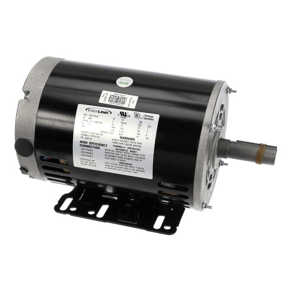 A cylindrical electric motor with a black body, metal mounting base, and a protruding shaft, featuring a white specification label on its side.
