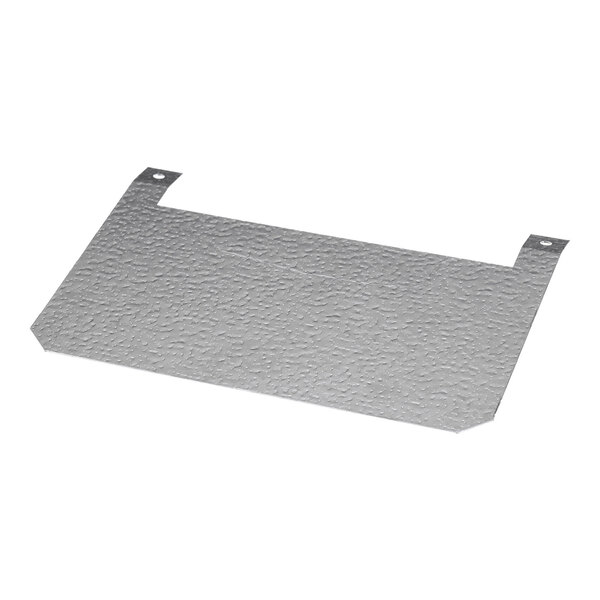 A rectangular, textured metallic plate with two notched corners, each featuring a small hole.
