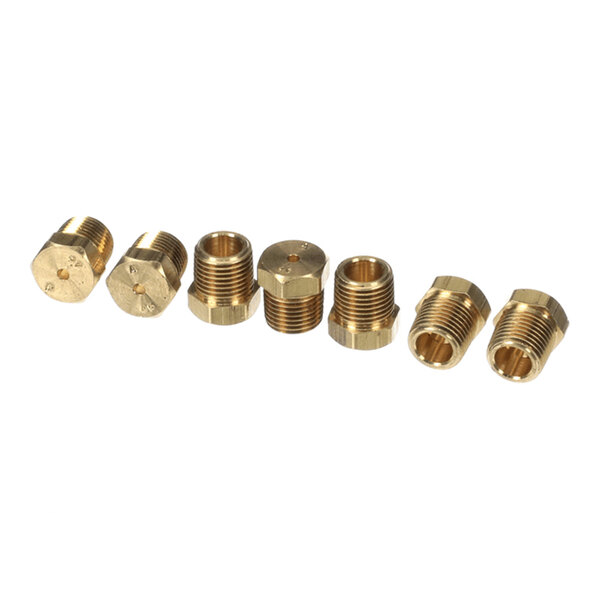 Seven brass threaded orifices are arranged in a row on a white background.