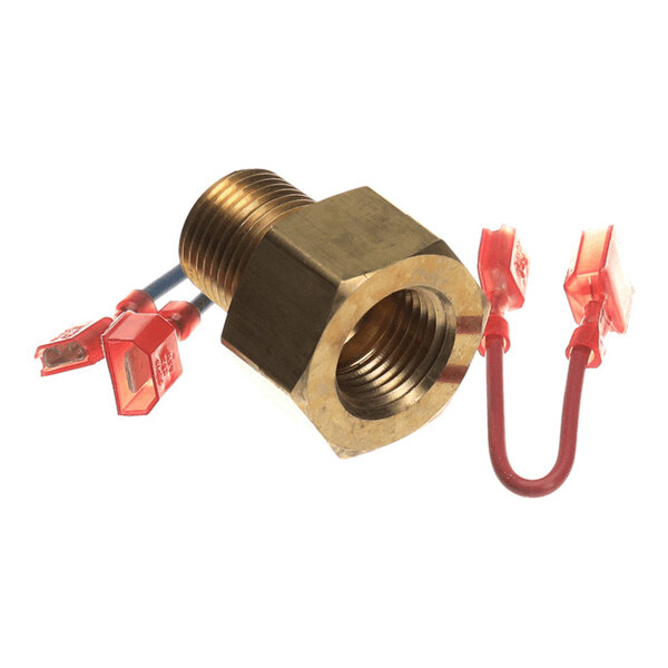 A brass threaded adapter with attached red electrical connectors and wires.