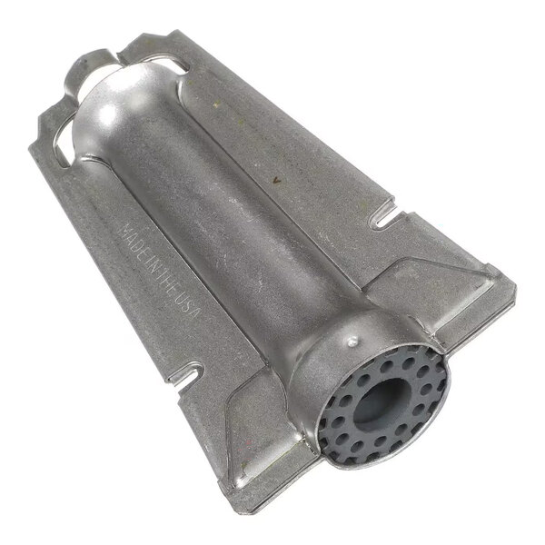 A metallic cylindrical component with a perforated circular end and angled side flanges, likely part of a mechanical or heating system.