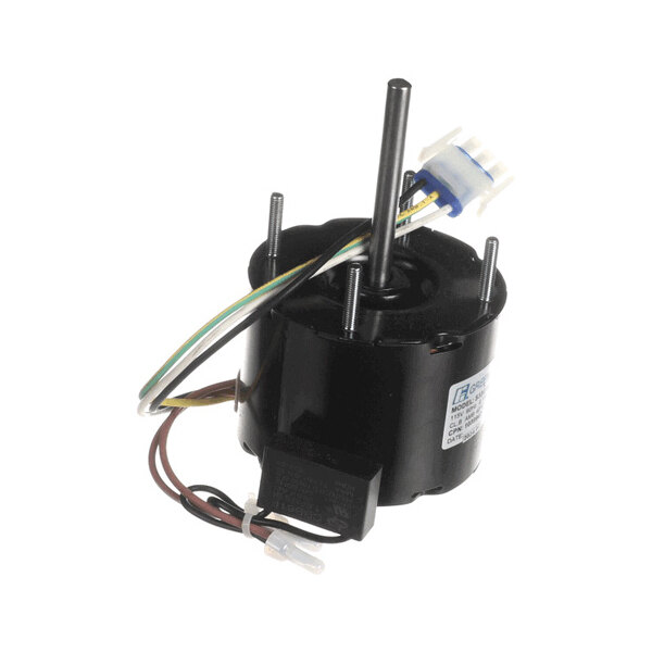 A small electric motor with attached wires and a connector, featuring a cylindrical black housing and a central shaft.
