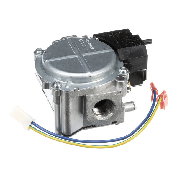 A metallic gas valve component with an attached black plastic section and three colored wires ending in connectors.
