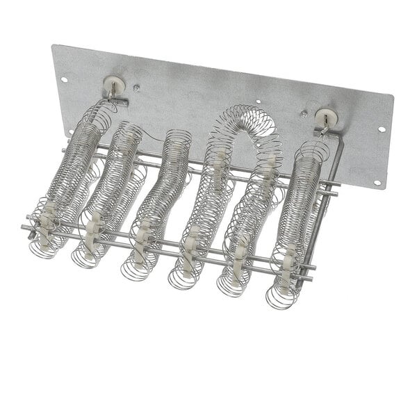 A metal plate with multiple coiled wire heating elements mounted on ceramic insulators.