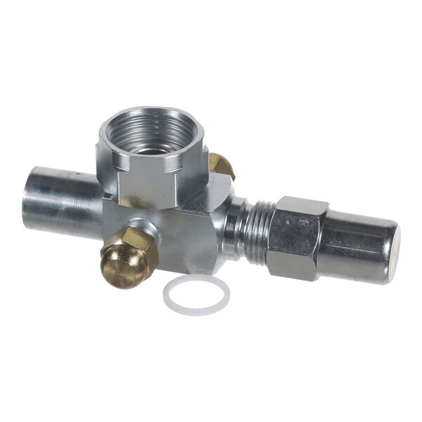 A metallic valve assembly with threaded connectors and brass fittings, accompanied by a small white washer.