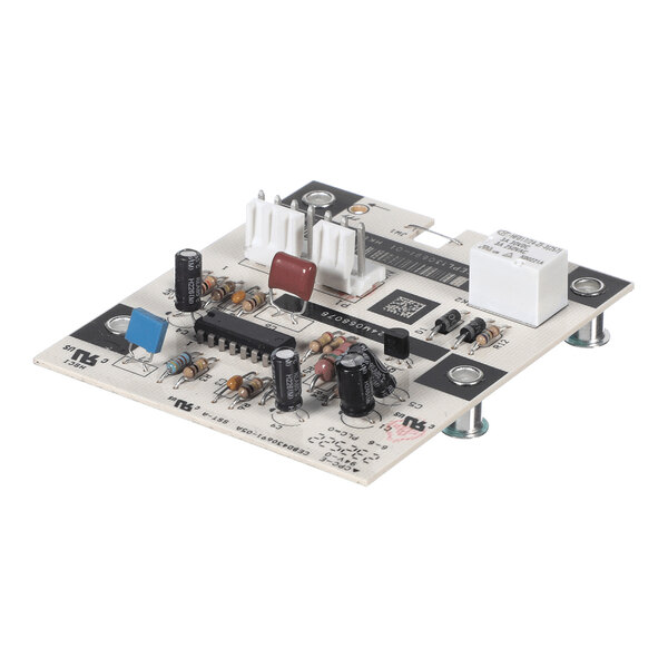 A square electronic circuit board with various components including capacitors, resistors, an integrated circuit, connectors, and a relay mounted on it.