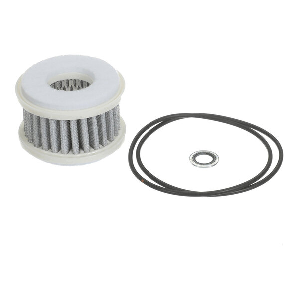 A cylindrical pleated filter element with a white top and bottom, accompanied by two black O-rings and a small metal washer, all placed on a white background.