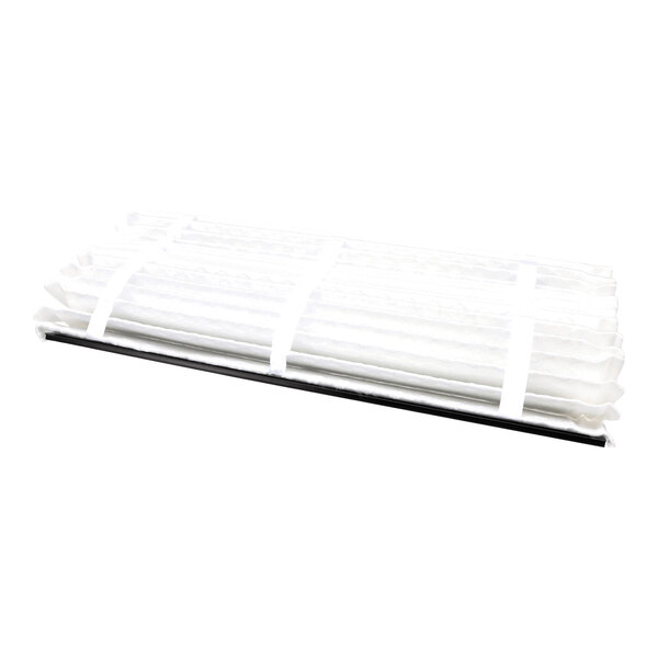 A rectangular white pleated filter with a black edge, featuring a grid-like support structure.