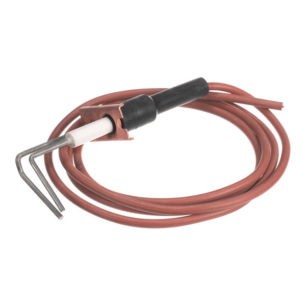 A coiled red wire with a black connector and a metal rod at one end, likely an electrical ignitor component.