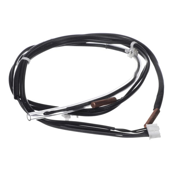 A coiled black cable with connectors and small cylindrical metal sensors attached.