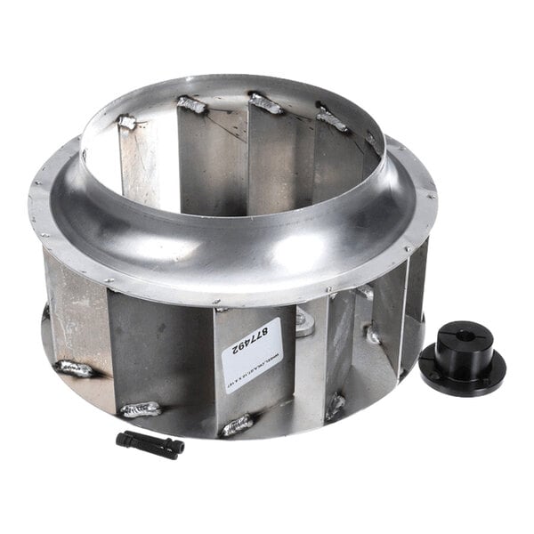 A metallic cylindrical fan wheel with multiple welded blades, accompanied by a black hub and two small bolts.