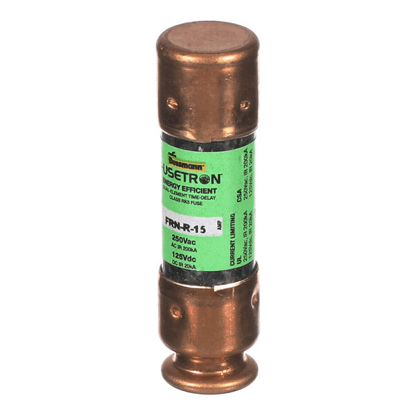 A cylindrical fuse with metallic ends and a green label indicating specifications such as 250V and 15A.