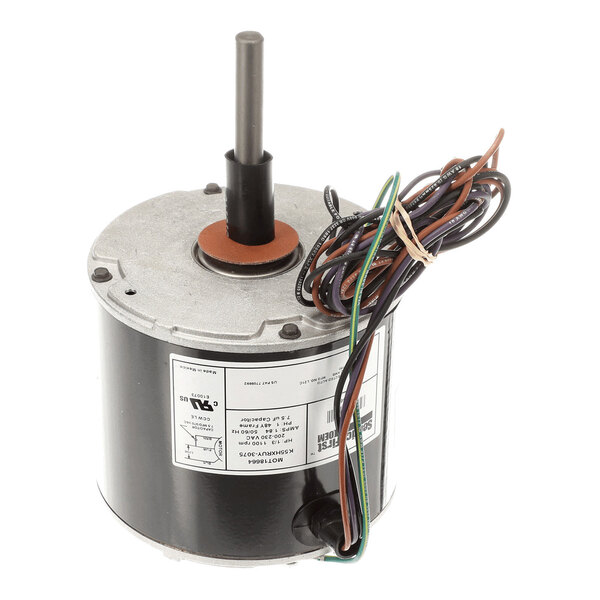 A cylindrical electric motor with a protruding shaft and several colored wires bundled together.