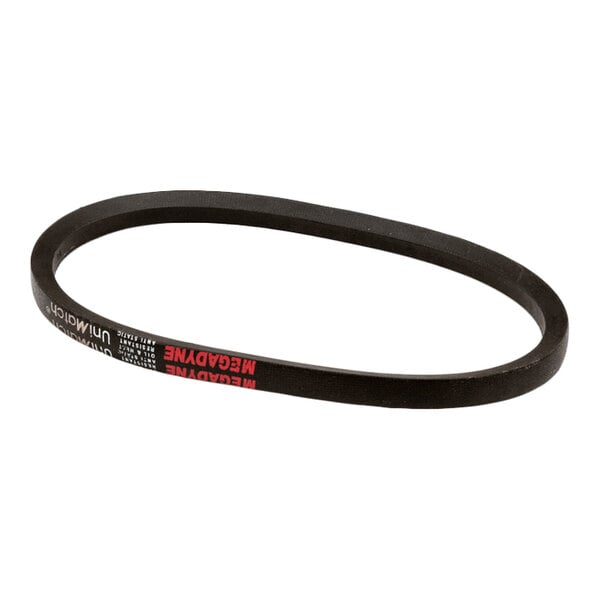 A black, oval-shaped rubber belt with some red and white text printed on one side.