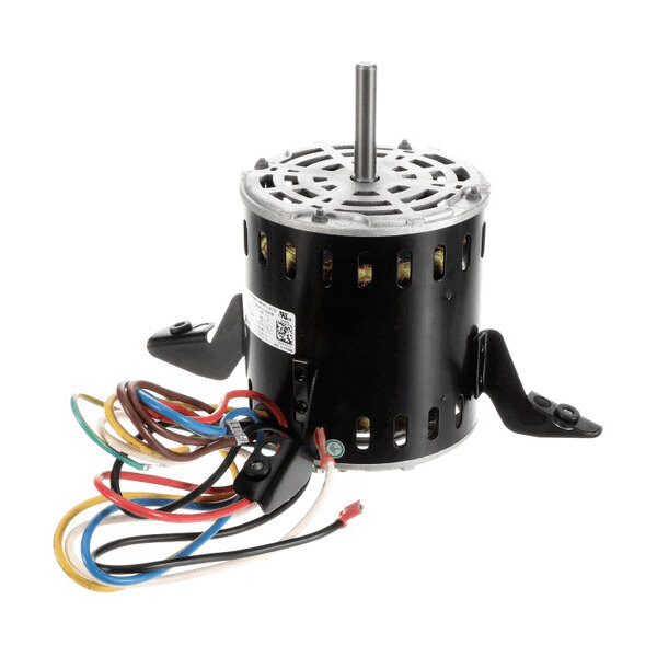 A cylindrical electric motor with a metal shaft, mounting brackets, and several colored wires extending from its base.