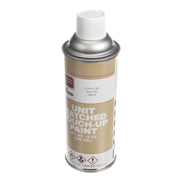 A metal spray can with a white cap and a beige and white label indicating it contains touch-up paint.