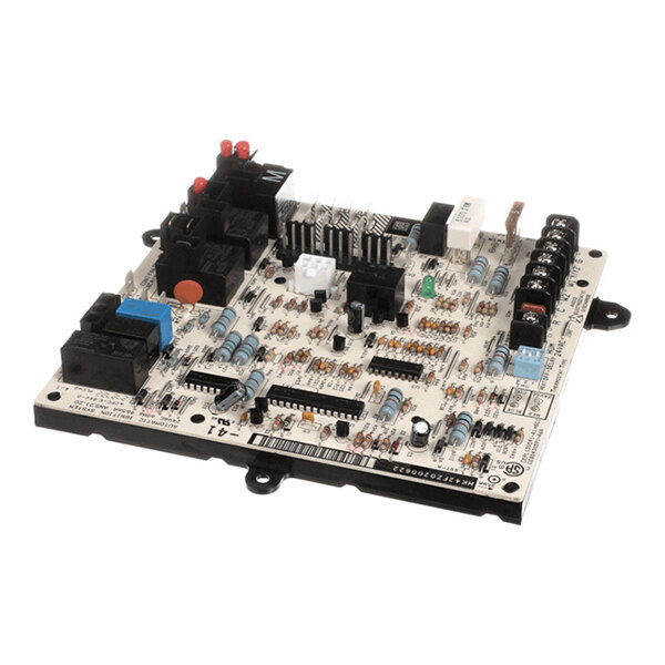 A rectangular electronic circuit board with various components such as resistors, capacitors, relays, and connectors mounted on its surface.