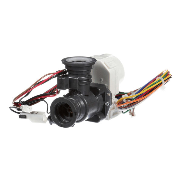 A mechanical component with a black plastic valve body, attached wiring, and a white housing, likely used in plumbing or appliance systems.