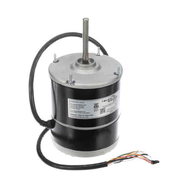A cylindrical electric motor with a protruding shaft, attached wires, and a label on the side.