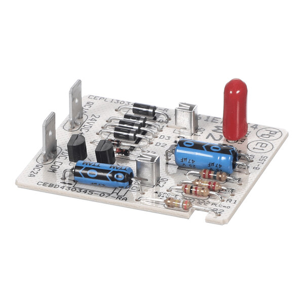 A small electronic circuit board with various components including capacitors, resistors, diodes, and a red cylindrical component.