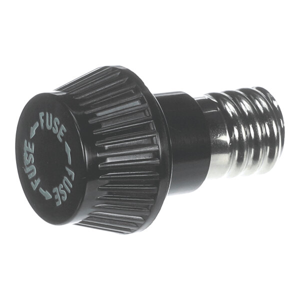 A black and metallic cylindrical component with a ribbed grip and the word 'FUSE' printed on the end, likely a panel mount fuse holder.