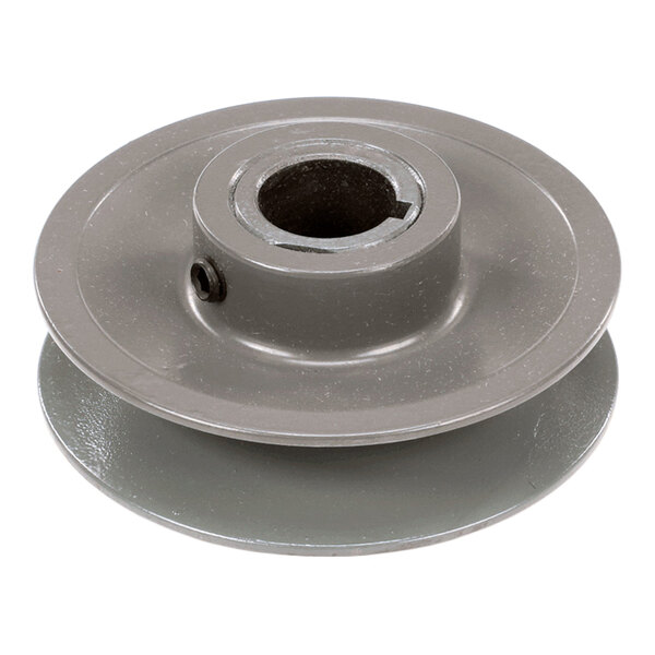 A metal pulley wheel with a central hole and a set screw, designed for use with a belt drive system.