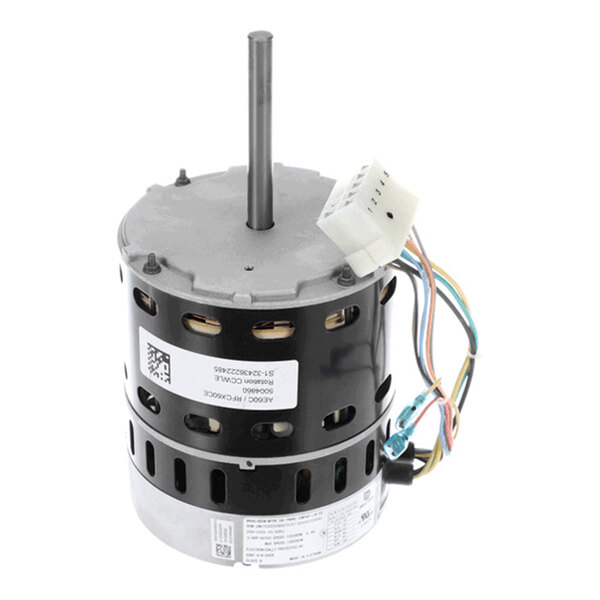 A cylindrical electric motor with a central shaft, multiple colored wires, and a white connector attached.