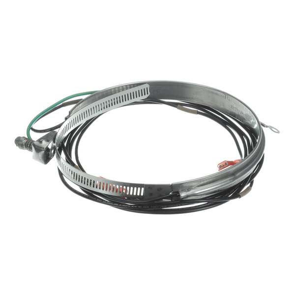 A metal band with attached electrical wires and connectors, likely a heating element or band heater.