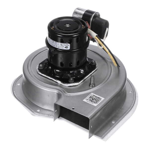 A metal blower assembly with a black motor mounted on top, visible wiring, and a QR code label on the metal housing.