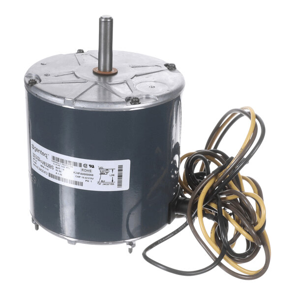 A cylindrical electric motor with a metal shaft on top and several attached wires.