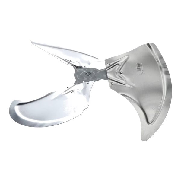 A three-blade metallic propeller fan with a shiny, reflective surface and a central mounting hub.