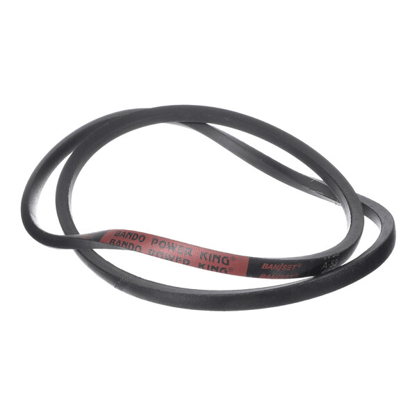 A black rubber V-belt with red and white labeling visible on one section.