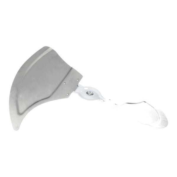 A metallic fan blade assembly with two swept blades and a central mounting hub.