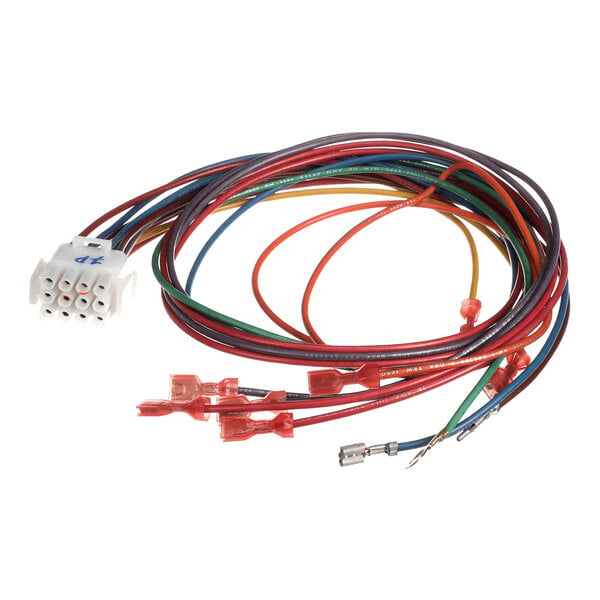 A bundle of multicolored electrical wires with a white 12-pin connector on one end and various terminal connectors on the other ends.