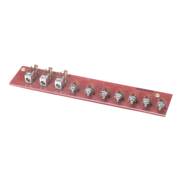 A rectangular terminal board with multiple screw terminals and metal connectors mounted on a red insulating base.