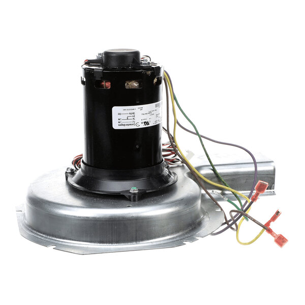 A metal and black electrical blower assembly with attached wires and connectors.