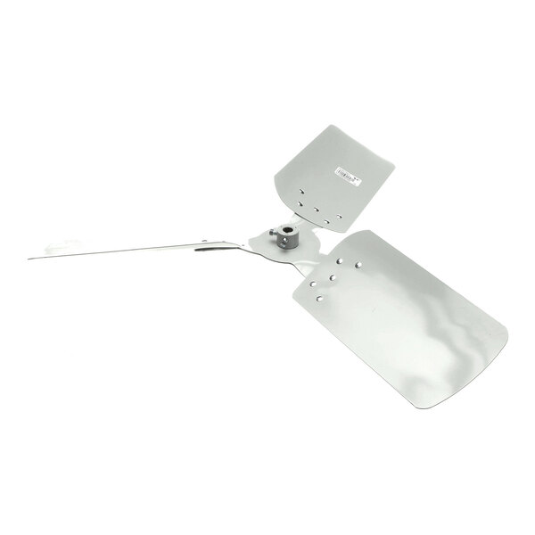 A metal propeller fan blade assembly with two flat blades and a central mounting hub.