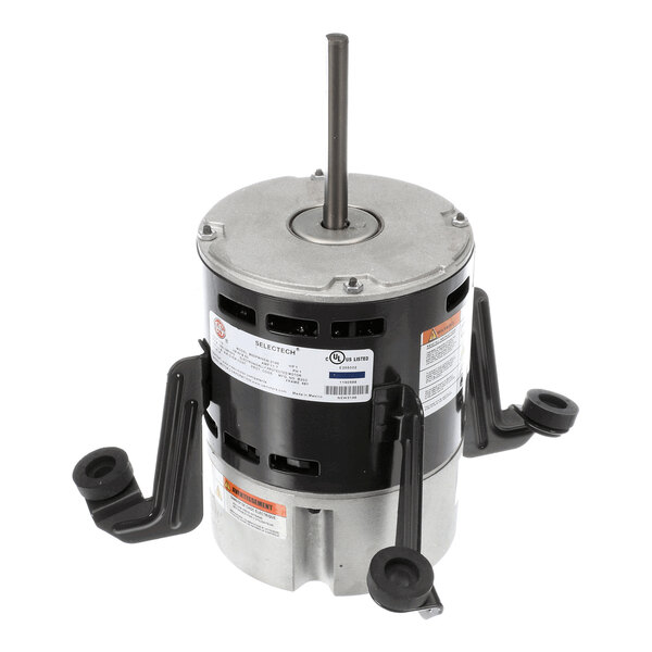 A cylindrical electric motor with a central shaft and two black mounting brackets attached to its sides.