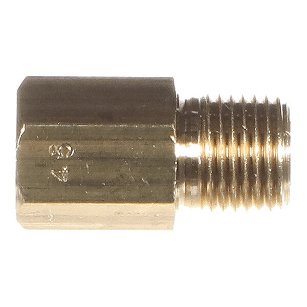 A brass-colored metal fitting with a hexagonal body and threaded end, likely used as an orifice or connector.