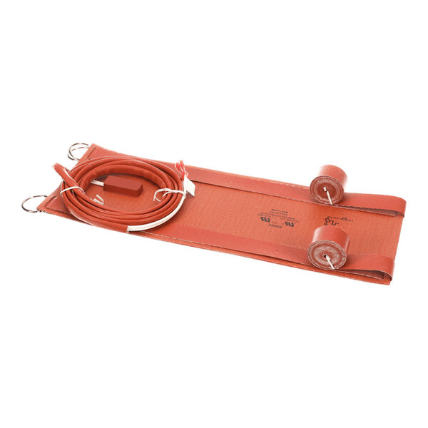 A flat, rectangular, reddish-brown heating pad with attached electrical cord and metal rings at the corners.