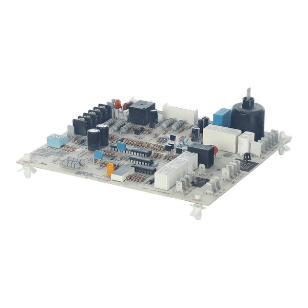 An electronic circuit board with various components such as capacitors, resistors, connectors, and integrated circuits mounted on it.